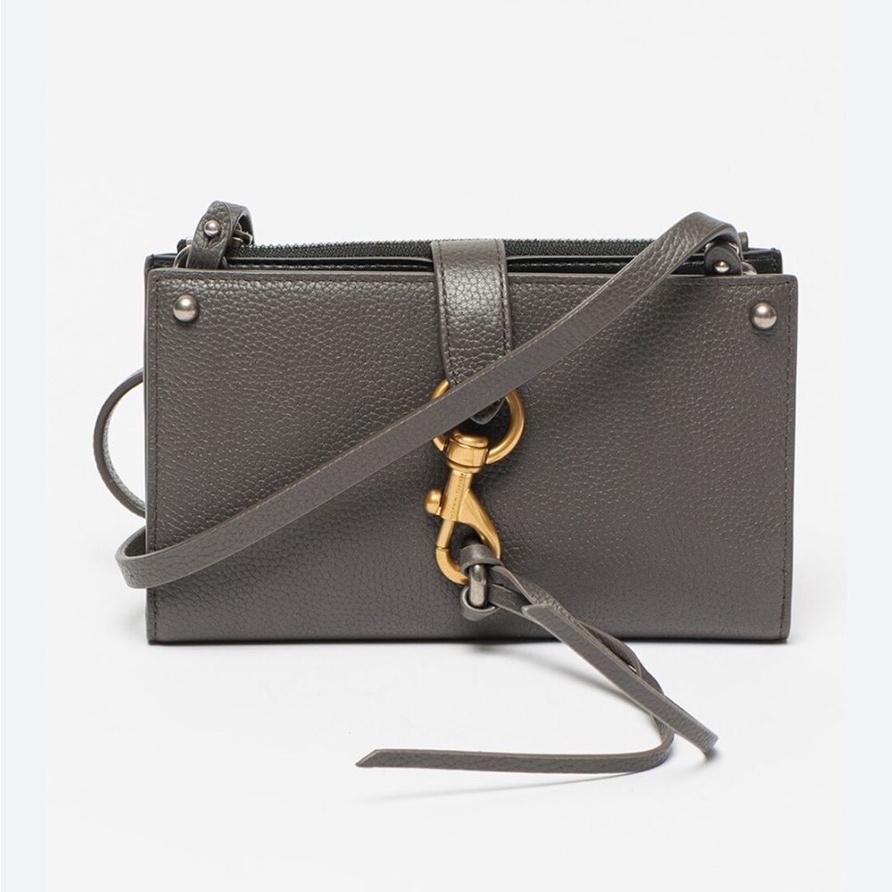 REBECCA MINKOFF GRAY Megan wallet on removable chain crossbody bag leather